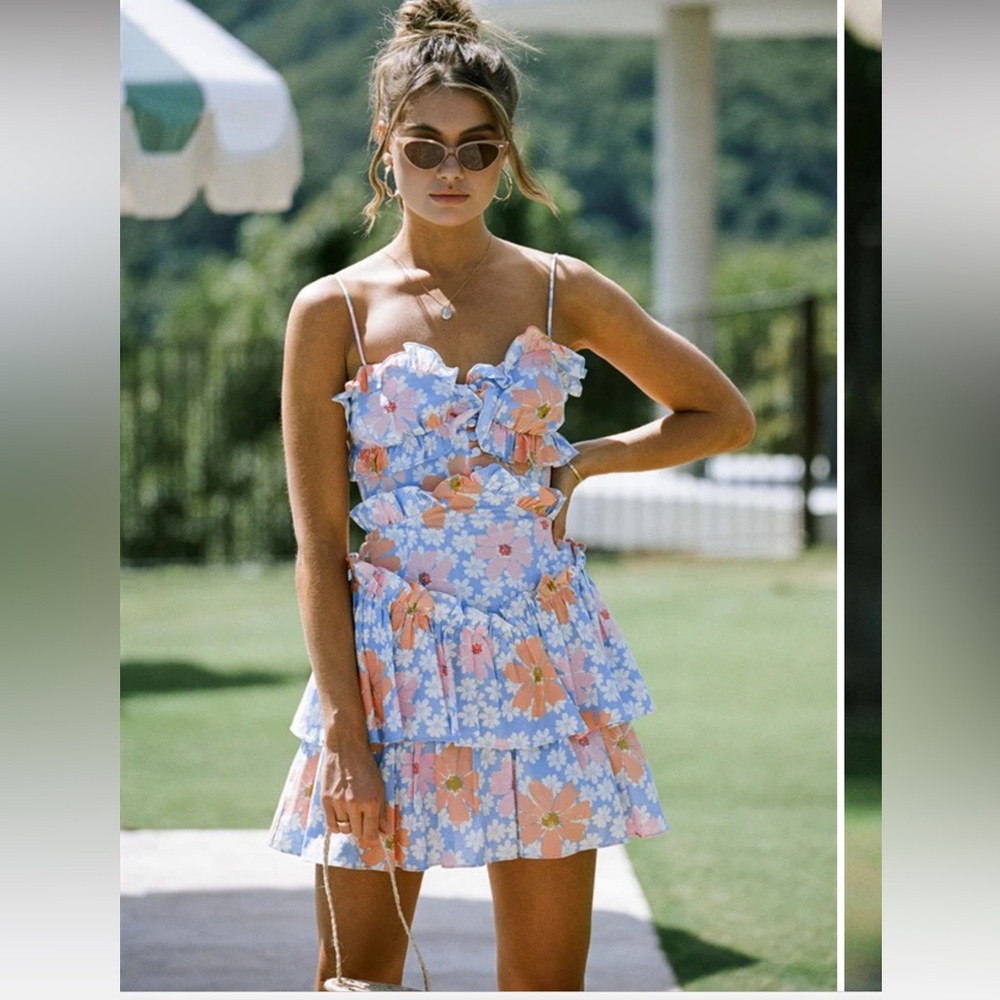 Sabo Skirt Blue Pink SELMA Floral Ruffle Tiered Skirt Dress